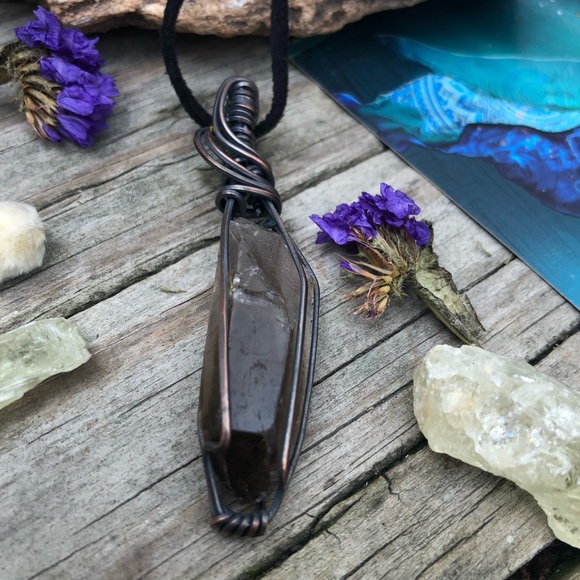 Oxidized Wire Wrapped Smoky Quartz Crystal Point Pendant Necklace - Picture 10 of 13